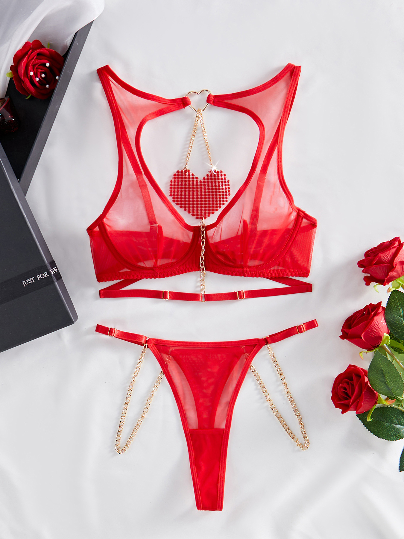 Lovingerie - Sexy Lingerie Red Love Chain Comfortable Perspective Mesh Fun Two - piece Set