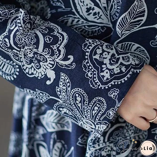 long sleeve cotton linen plus size vintage floral for women casual loose autumn dress