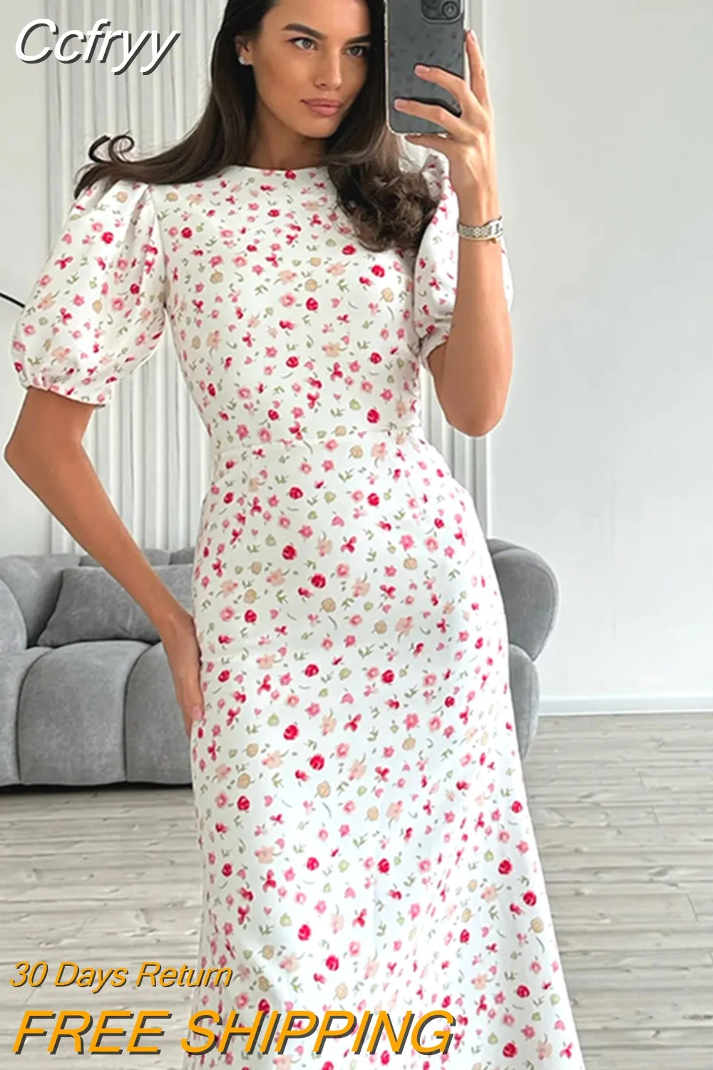 Huibahe Elegant Women Printing Mermaid Dress Round Neck Ruched Long Polka Dots Dress Summer Office Ladies Puff Sleeve Dress