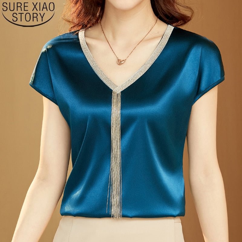 Office Lady Casual Loose Tops Mujer Satin Blouse Women Summer Short Sleeve Shirt Solid Fashion Tassel V-neck Clothes 15494
