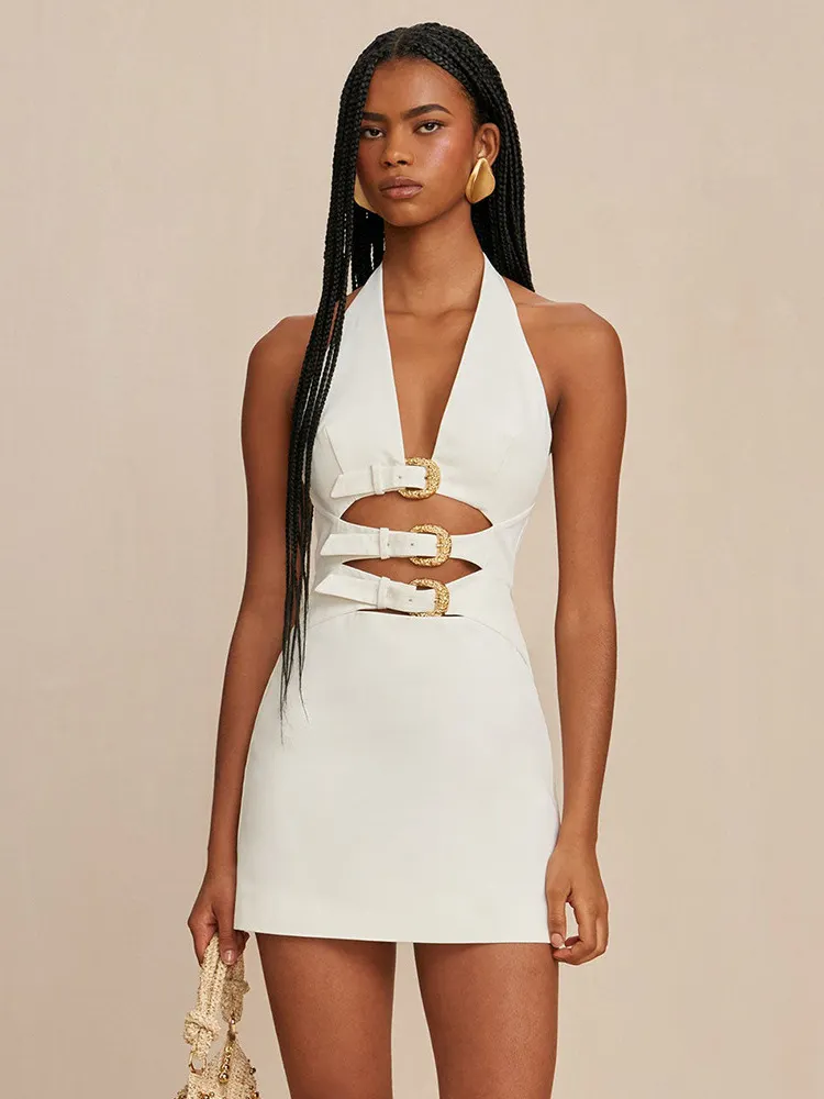 Brownm New Sexy Hollow Hanging Back Hanging Neck Dress Metal Decorative Temperament Dress Skirt Skirt Skirt