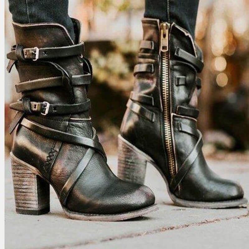 VCSHOES Leather Belt High Chunky Heel Calf Boots