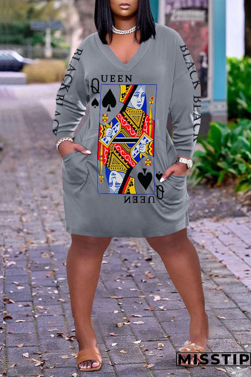 Dark Brown Casual Print Patchwork V Neck Long Sleeve Dresses