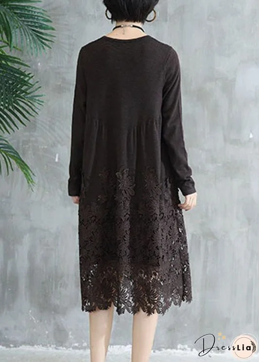 Women Coffee O Neck Wrinkled Lace Patchwork Knit Dress Fall