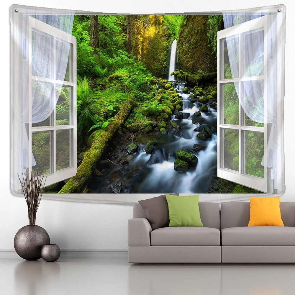 Window Forest Plant Landscape Tapestry Natural Scenery Wall Hanging Indian Throw Mandala Hippie Bedspread Bohemian Home Decor