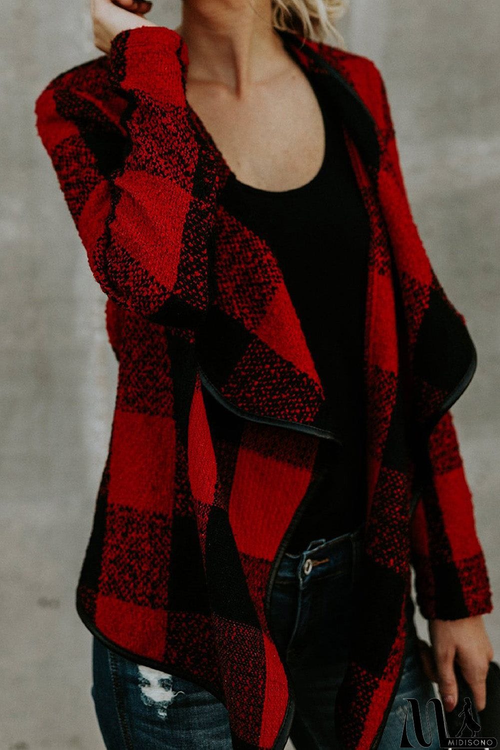 MidiSono - Plaid Long Sleeve Asymmetric Collar Open Front Coat