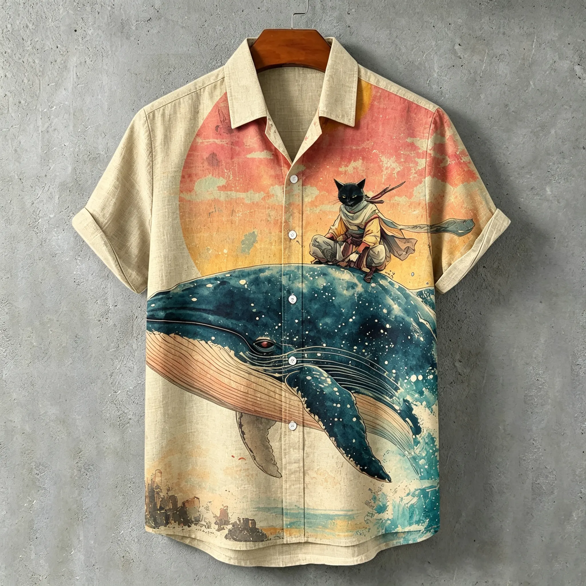 Men's Art Retro Warrior Whale Print Short-sleeve Cotton Linen Shirt  artssus