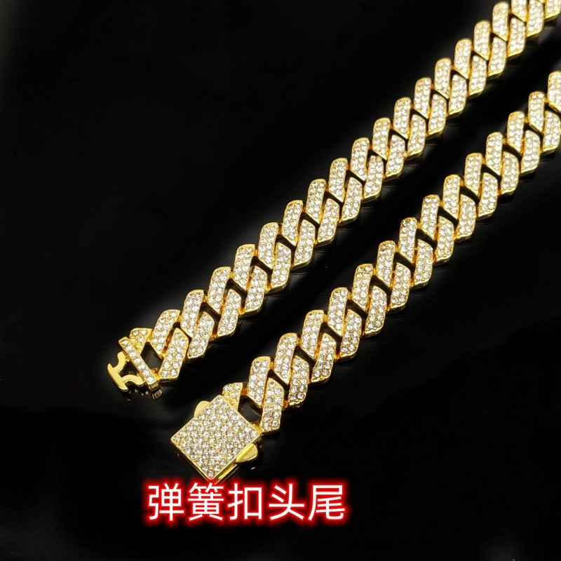 Hip-hop 14mm Full Diamond Men’s Encrypted Diamond Cuban Chain Necklace Hipster Exaggerated Domineering Clavicle Chain Accessories