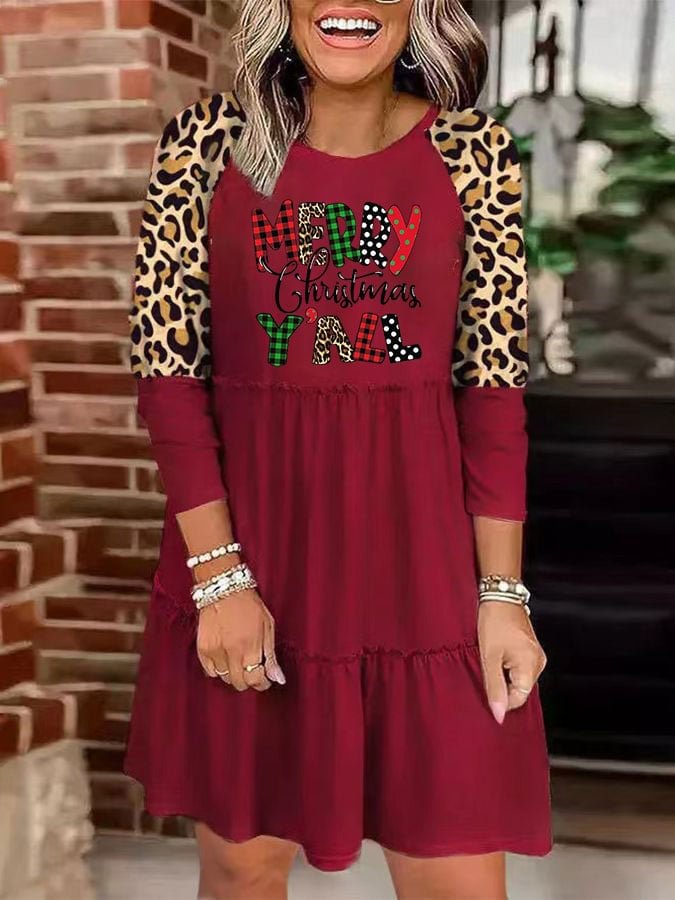 Women's Merry Christmas Yall Leopard Print Sequin Leopard Panel Dress