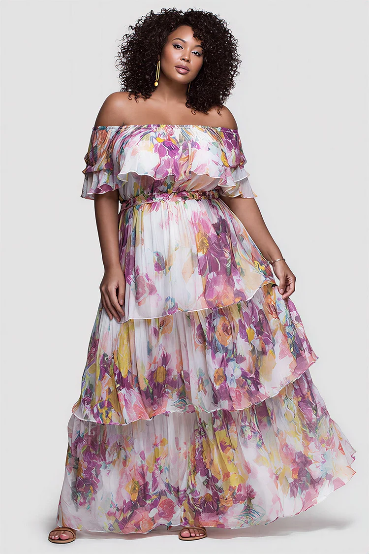 Xpluswear Design Plus Size Vacation Sundress Purple Graphic Off The Shoulder Short Sleeve Ruffle Chiffon Maxi Dresses [Pre-Order] 2024 - Xpluswear