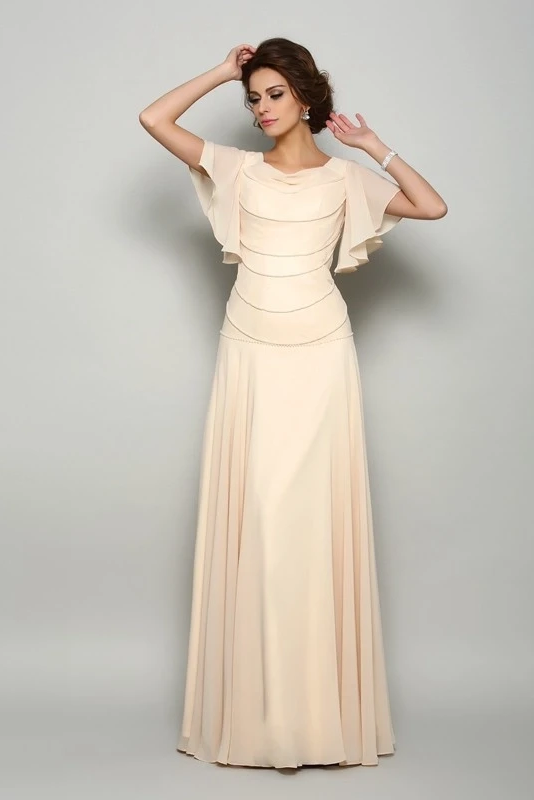 Daisda Chiffon Square Neck Short Sleeves Long A-Line Mother Of The Bride Dress With Pleated