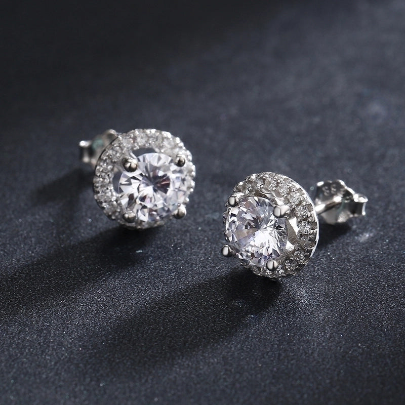 1 Pair 925 Sterling Silver Zircon Round Ear Studs