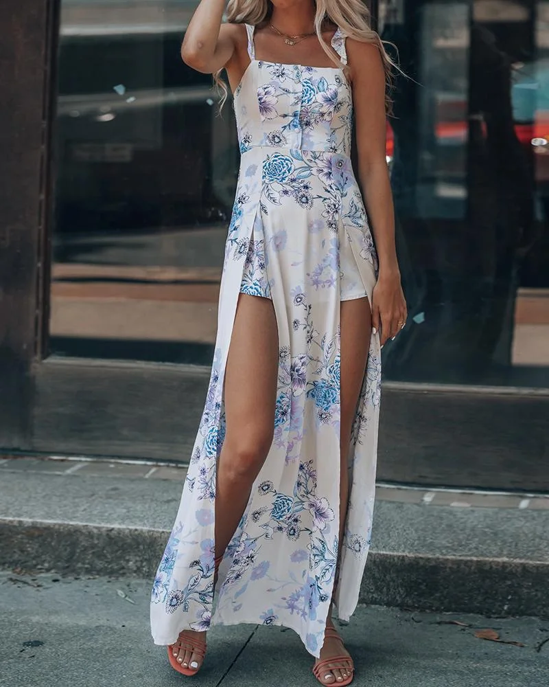 Women's Suspender Print Slit Dress