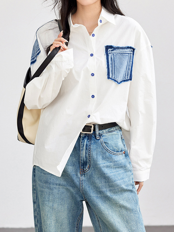 Denim Patchwork Contrast Color Long Sleeve Shirt