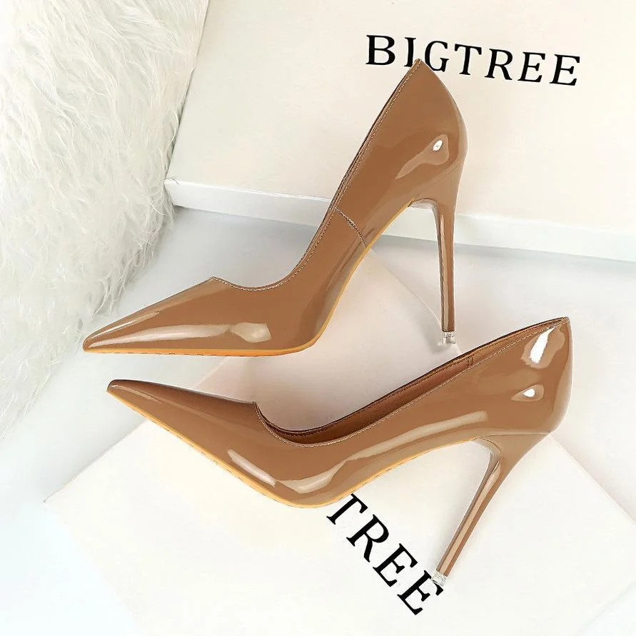 Fashion stiletto shiny patent leather shallow pointy sexy single shoes