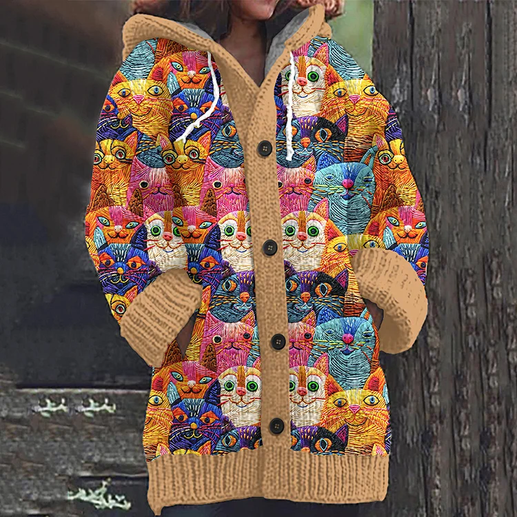 Cute Cats Embroidered Pattern Cozy Hooded Knit Sweater