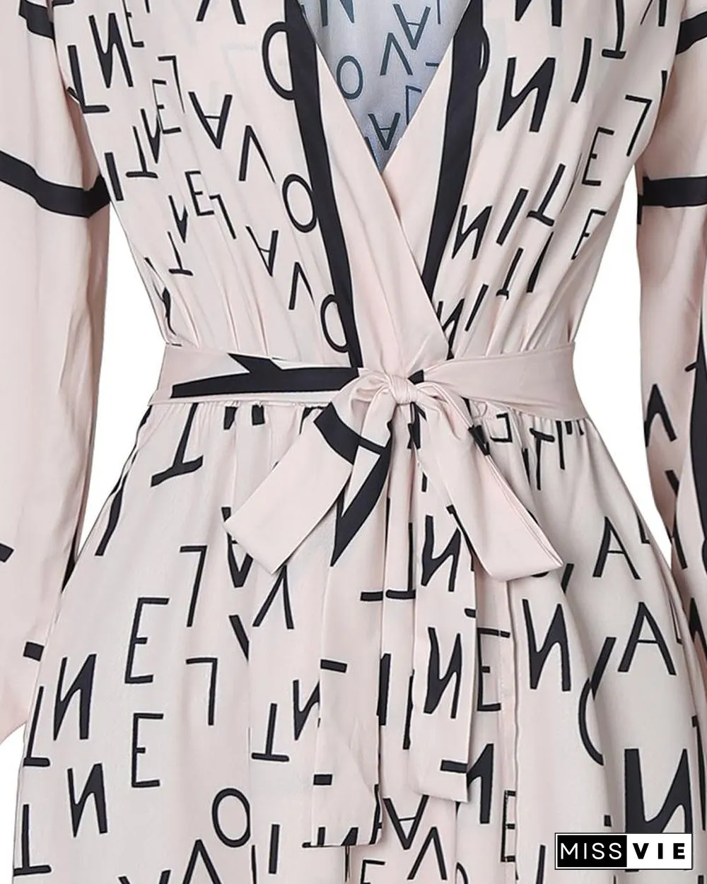 Letter Print Lantern Sleeve High Slit Maxi Dress P13222