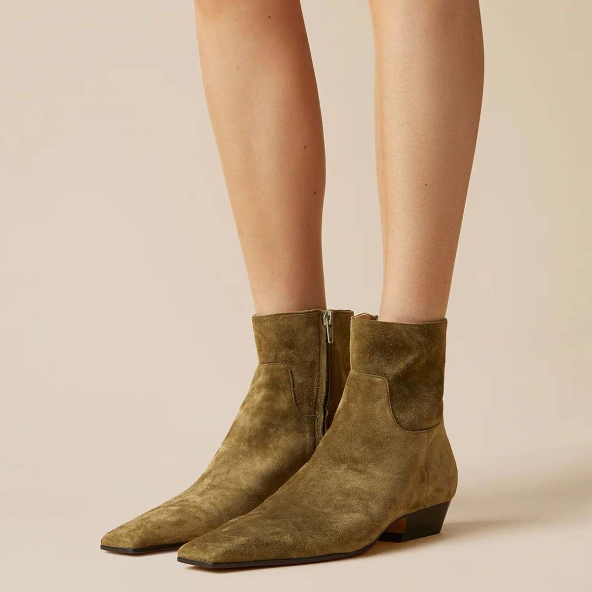 Olive Vegan Suede Square Toe Low Heel Ankle Boots with Zipper Nicepairs