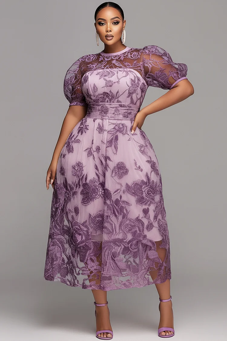 Xpluswear Design Plus Size Mother Of The Bride Purple Round Neck Puff Sleeve Short Sleeve See Through Lace Midi Dresses [Pre-Order] 2024 - Xpluswear