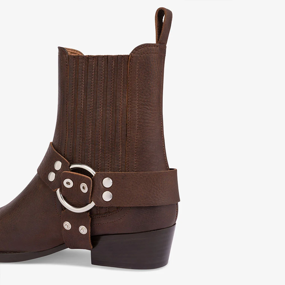 Brown Pointed Toe Chunky Heel Pull-On Ring Buckle Ankle Boots