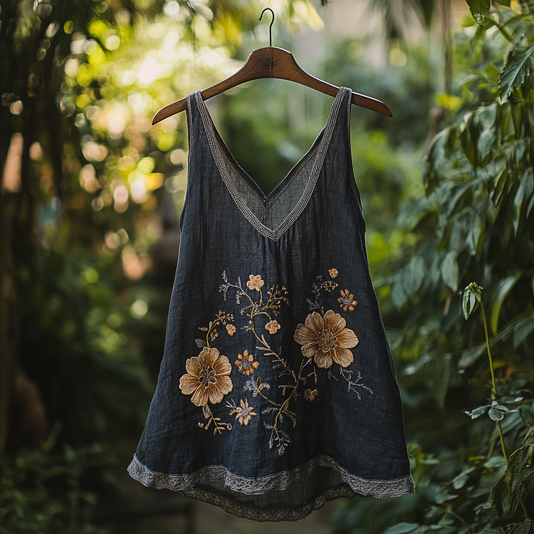 Utbros Vintage Ethnic Floral Embroidered Linen Sleeveless Vest