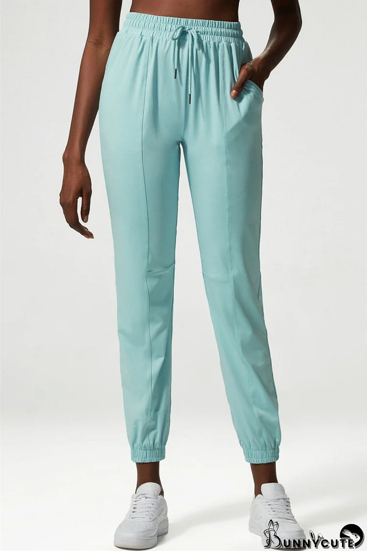 Cyan Casual Sportswear Solid Patchwork Regular High Waist Trousers