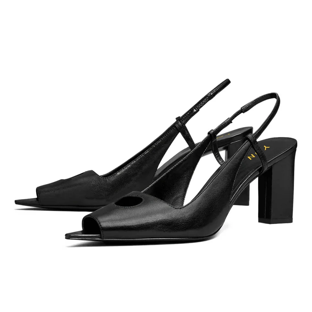 YDN Simple Vegan Leather Peep Toe Slingback Black Heels Sandals