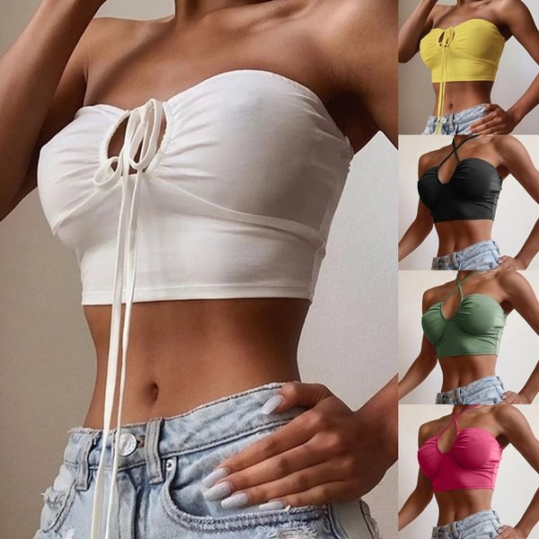 Women's Fashion Summer Simple Double Wear Wrapped Chest Spaghetti Strap Halter or Strapless Solid Cotton Crop Tops - BlackFridayBuys