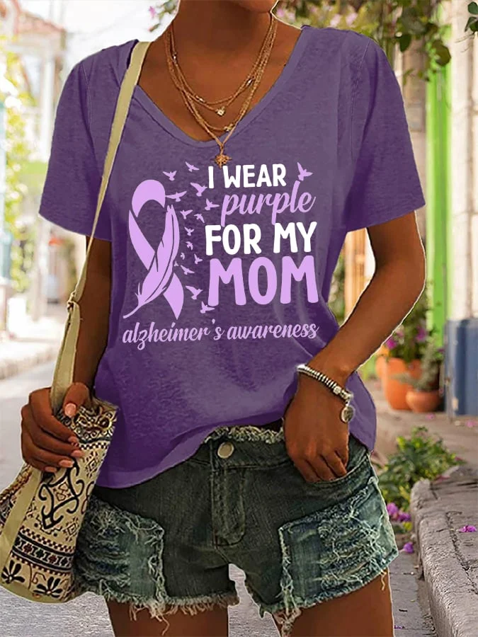 Women's I Wear Purple For My Mom Alzheimer's Awareness V-Neck Tee socialshop