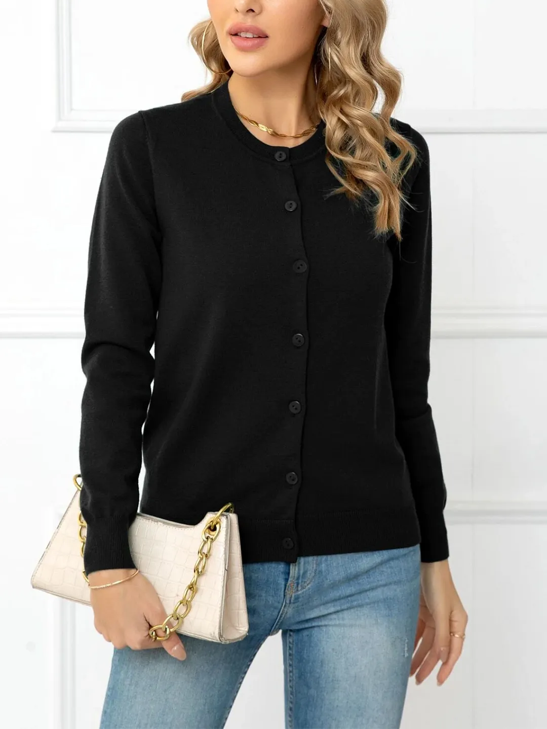 Nigikala Nigikala And Autumn Solid Color Round Collar Single Buckle Sweater Coat Casual Long-Sleeved Knitted Shirt Woman