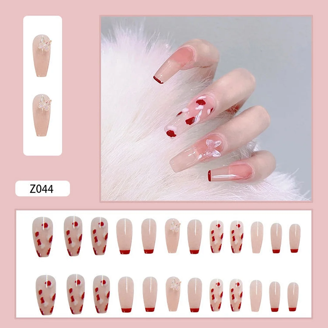 24Pcs Detachable Butterfly Rhinestone French Ballerina False Nails Artificial Coffin Full Cover Fake Nails With Glue Manicure-Nail Inspo