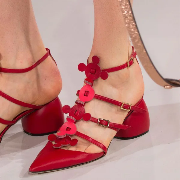 Red Block Heels Multi Straps Pumps |FSJ Shoes