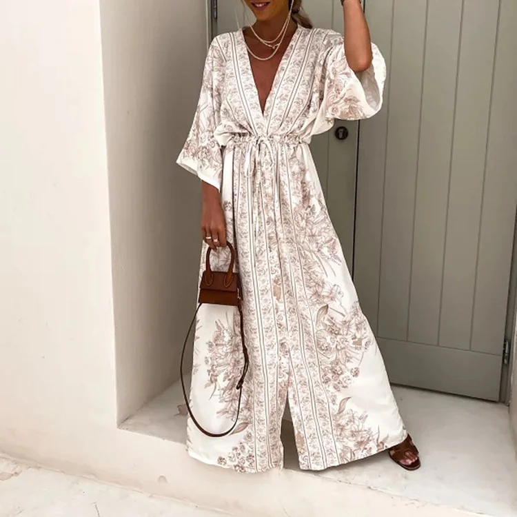 Printed V-Neck Boho Maxi Dress