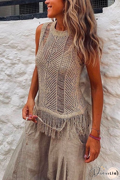 Meridress Tassel Crewneck Sleeveless Hollow Out Cover Up