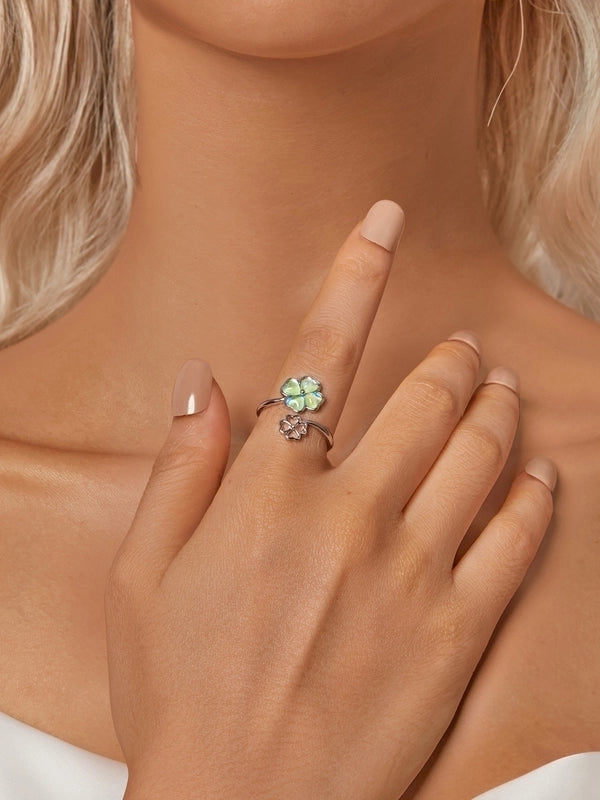 White Gold Plated 925 Sterling Silver Glass Four Leaf Clover Open Rings