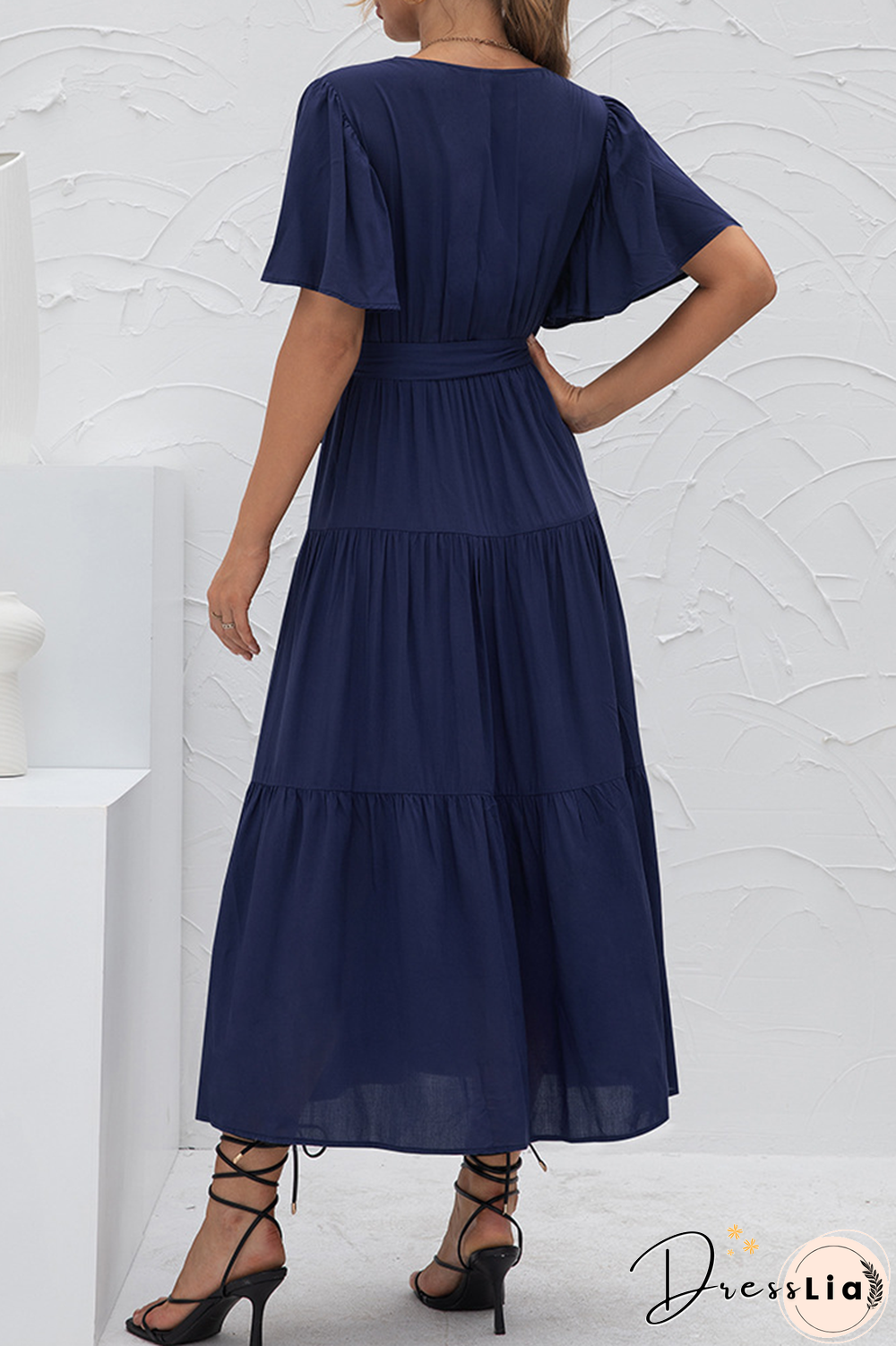 Elegant Solid Split Joint With Belt V Neck Cake Skirt Dresses(4 Colors)