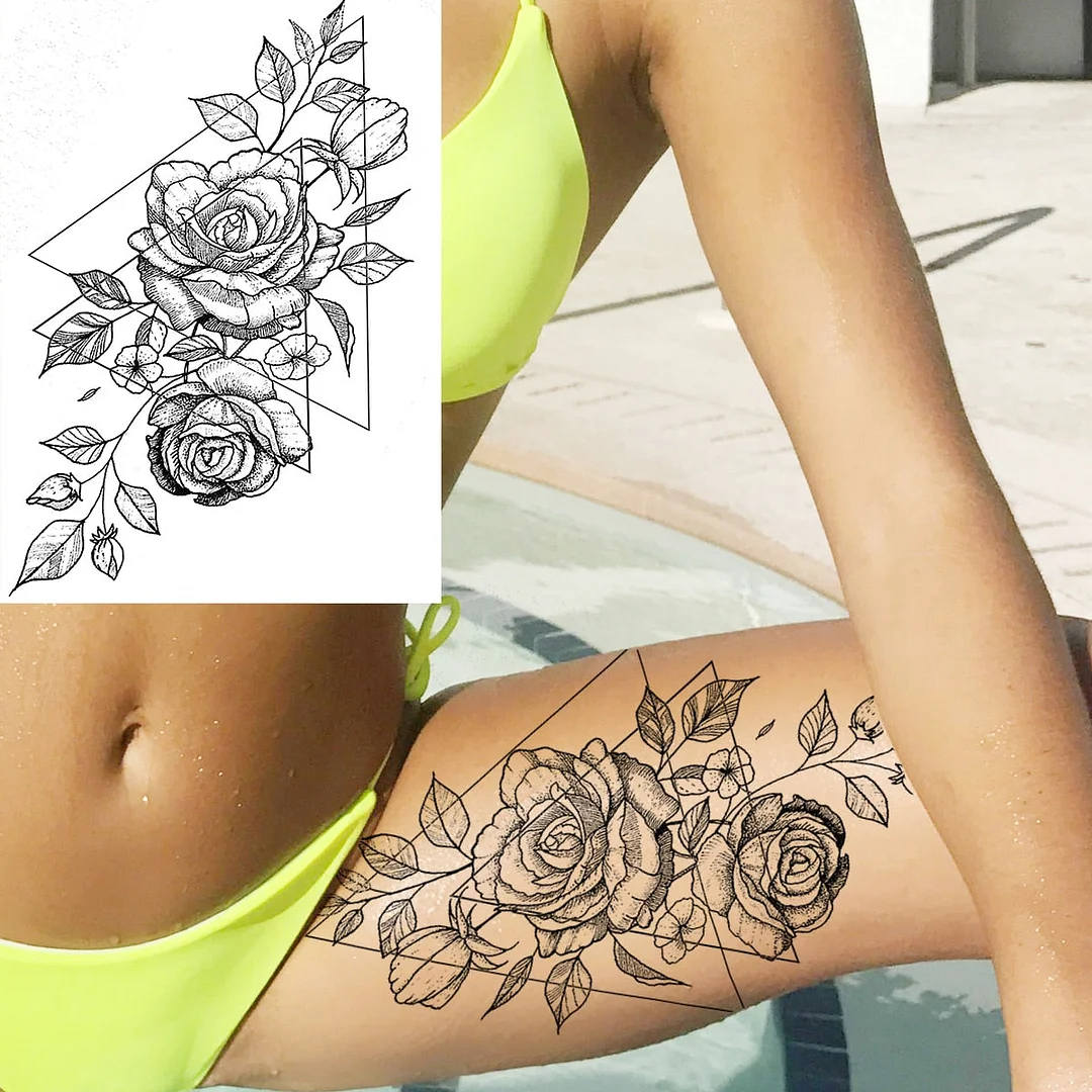 Sexy Flower Temporary Tattoos For Women Body Art Painting Arm Legs Tattoos Sticker Realistic Fake Black Rose Waterproof Tattoos