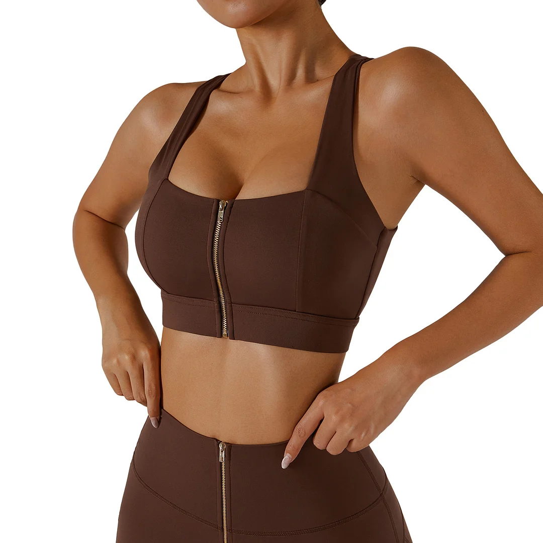 Solid color zipper wide shoulder strap sports bra
