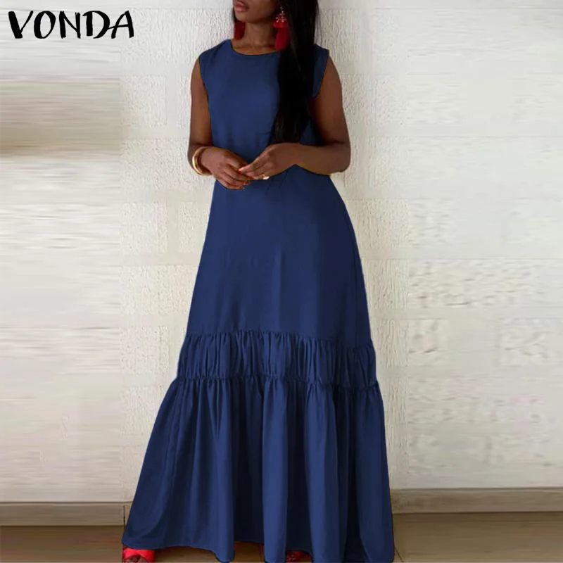 Summer Tank Dress 2022 VONDA Casual Solid Sexy Sleeveless Long Maxi Dresses  Bohemian Vestidos Femme Sundress