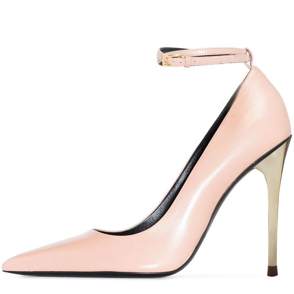 Pink  Closed Pointed Toe Ankle Strappy Pumps With Stiletto Heels Nicepairs