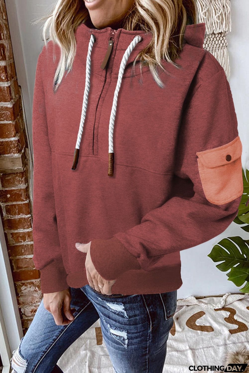 Half Zip Colorblock Pocket Patchwork Long Sleeve Hoodie