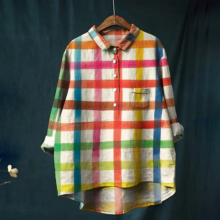 Women's Color Lines Print Casual Cotton And Linen Shirt 2408004285