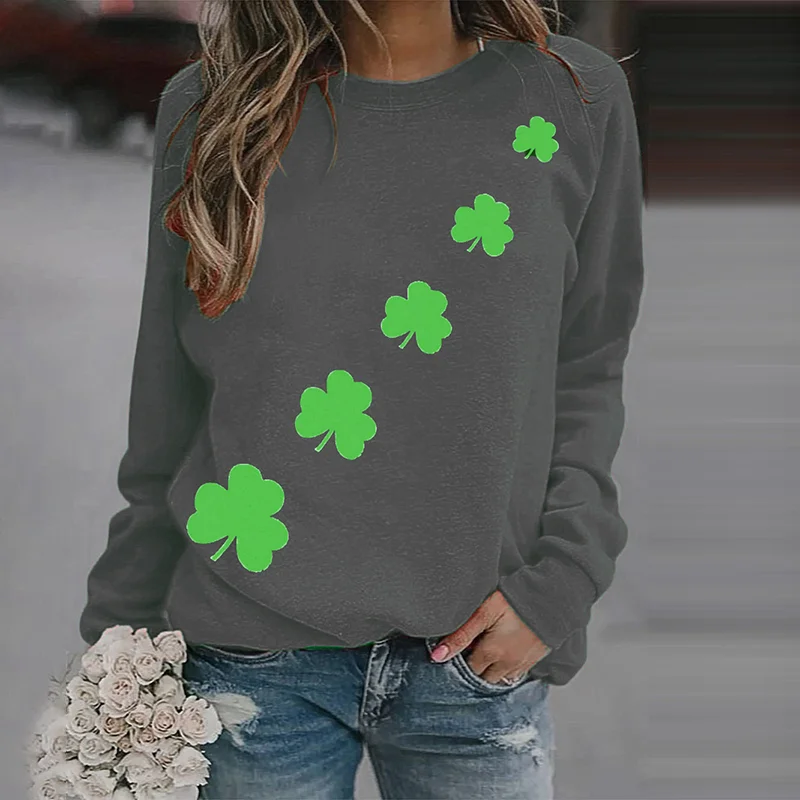 St. Patrick'S Day Shamrock Print Round Neck Sweatshirt