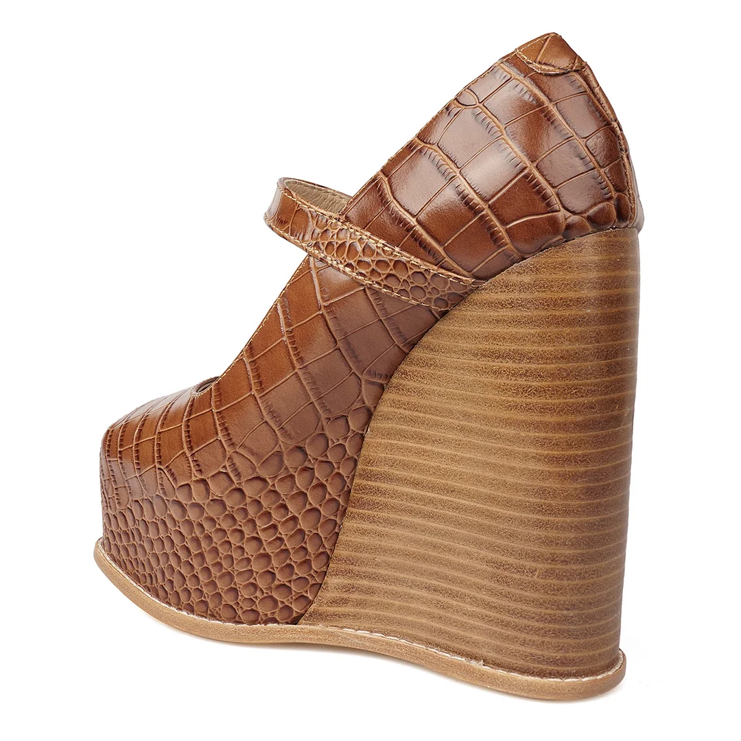 Dark Brown Vegan Leather Python Platform Pumps with Wedge Heel