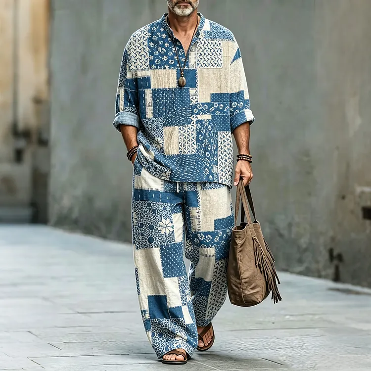 Men's Japanese Patchwork Art Shirt And Pants Two Piece Set