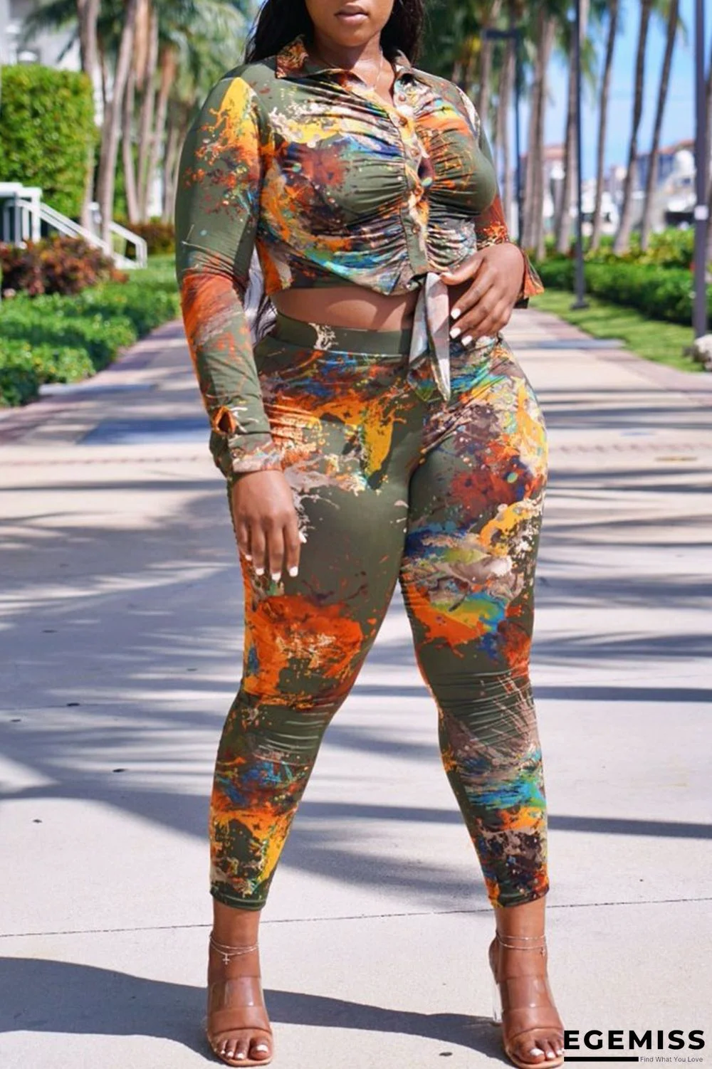 Green Casual Print Patchwork Buckle Knotted Turndown Collar Long Sleeve Two Pieces | EGEMISS