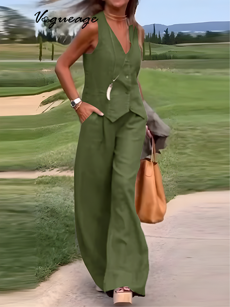 Fashion Solid Color Vest Trousers Casual Women's Cotton And Linen Two-Piece Suit