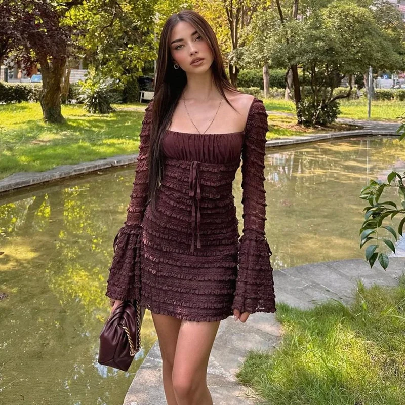 Uveng Uveng Women's Fall 2023 New Sexy Square Collar Low Breast Horn Sleeve Slim Buttock Skirt Cake Skirt Women