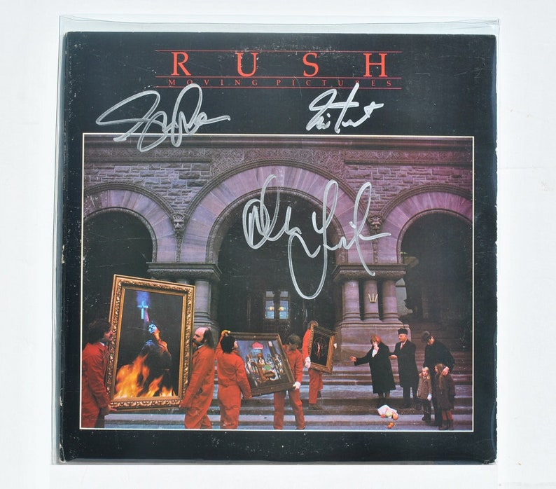 RUSH MOVING PICTURES Album Cover signed x3 Getty Lee, Alex Lifeson, Neil Peart 12x12 wcoa