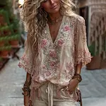 Women's Vintage Rose Embroidery Art Comfy Linen Shirts - Image 9